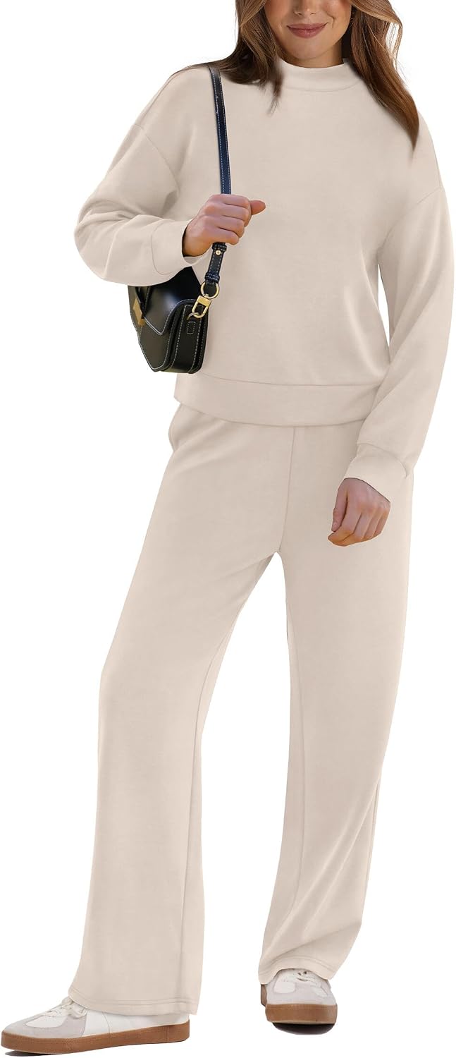 Two-piece set fall lounge outfit mock neck top wide leg pants travel set