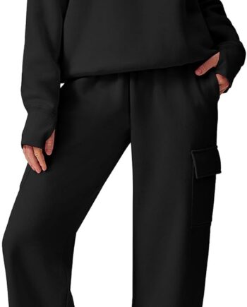 2-piece set fleece sweatsuit sweatshirt wide leg cargo sweatpants with pockets thumbhole