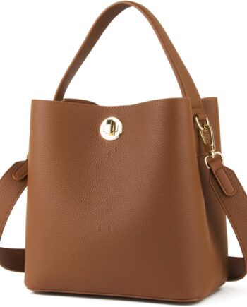 Genuine Leather Bucket Tote Bag for Women Small Trendy Crossbody Shoulder Handbag with Adjustable Strap