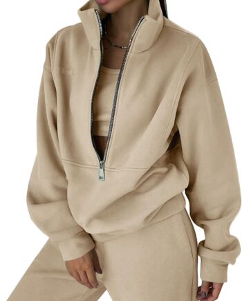 Women fleece 2-piece sweatsuit half zip sweatshirt jogger pants tracksuit set