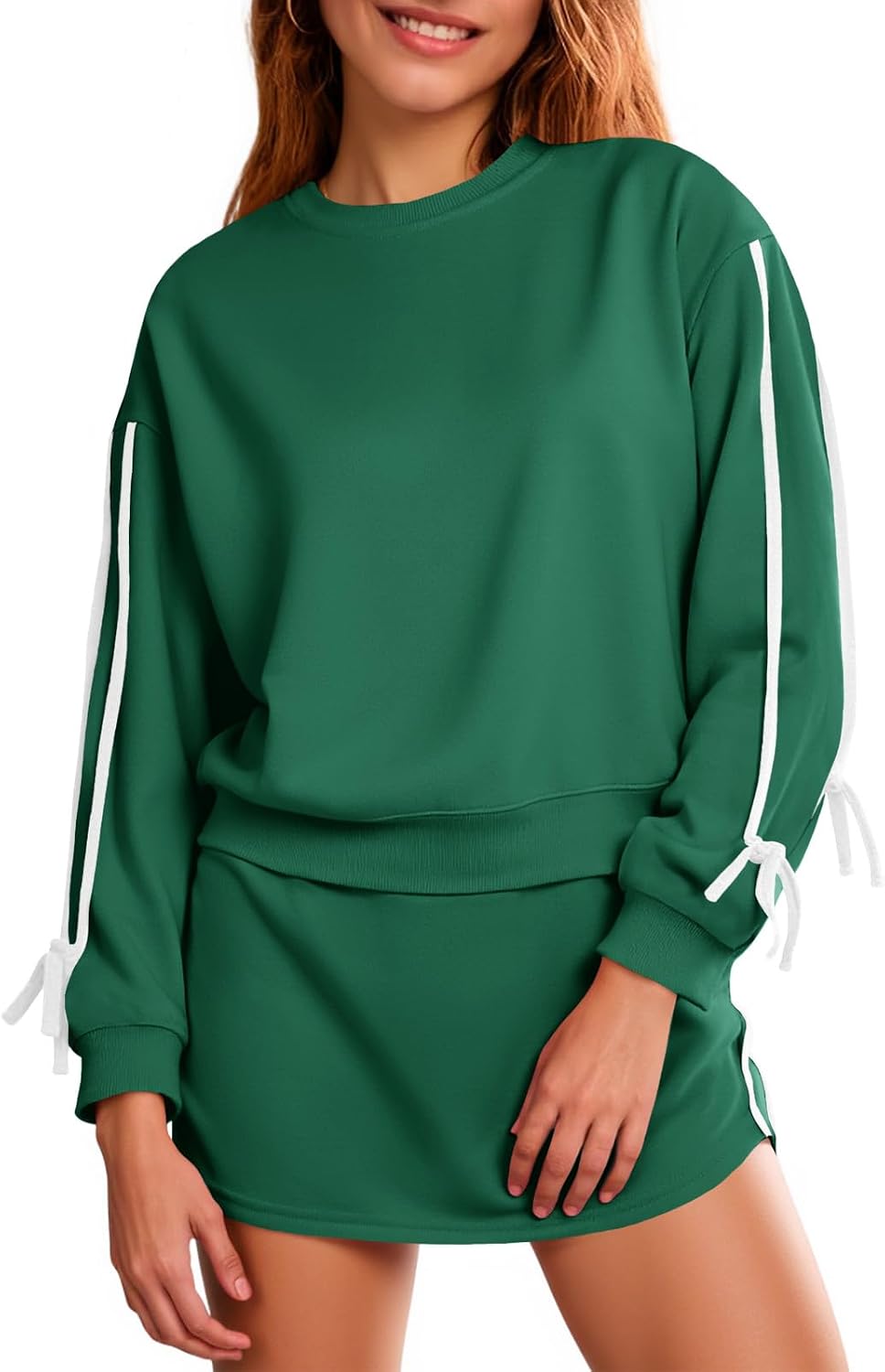 Women 2-piece outfit crewneck sweatshirt tie waist skort workout casual tracksuit set