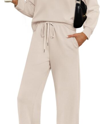 Two-piece set fall lounge outfit mock neck top wide leg pants travel set