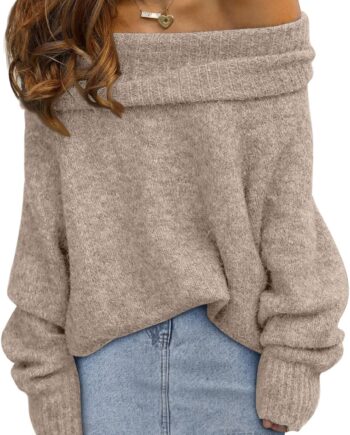 Women’s Off Shoulder Oversized Sweater Batwing Sleeve Knit Pullover