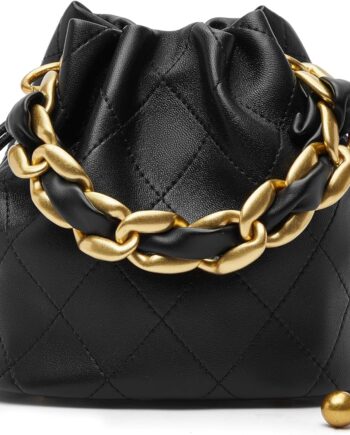 Small Lambskin Bucket Bag for Women Drawstring Crossbody Purse with Chunky Chain Strap and Top Handle Design