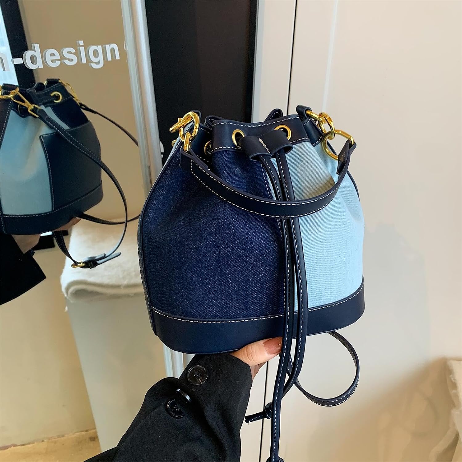 Denim Bucket Bag for Women Trendy Drawstring Jean Crossbody Shoulder Purse