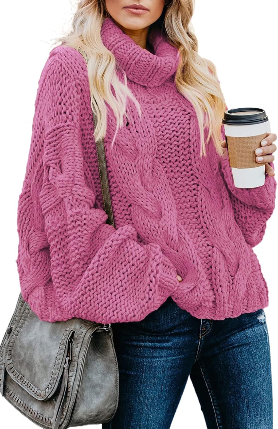 Women’s Solid Turtleneck Balloon Sleeve Knit Sweater Pullover
