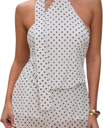 Women’s Polka Dot Halter Neck Backless A-Line Mini Dress