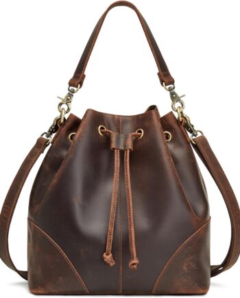 Genuine Leather Bucket Bag for Women Drawstring Crossbody Shoulder Handbag with Top Handle and Dual Straps