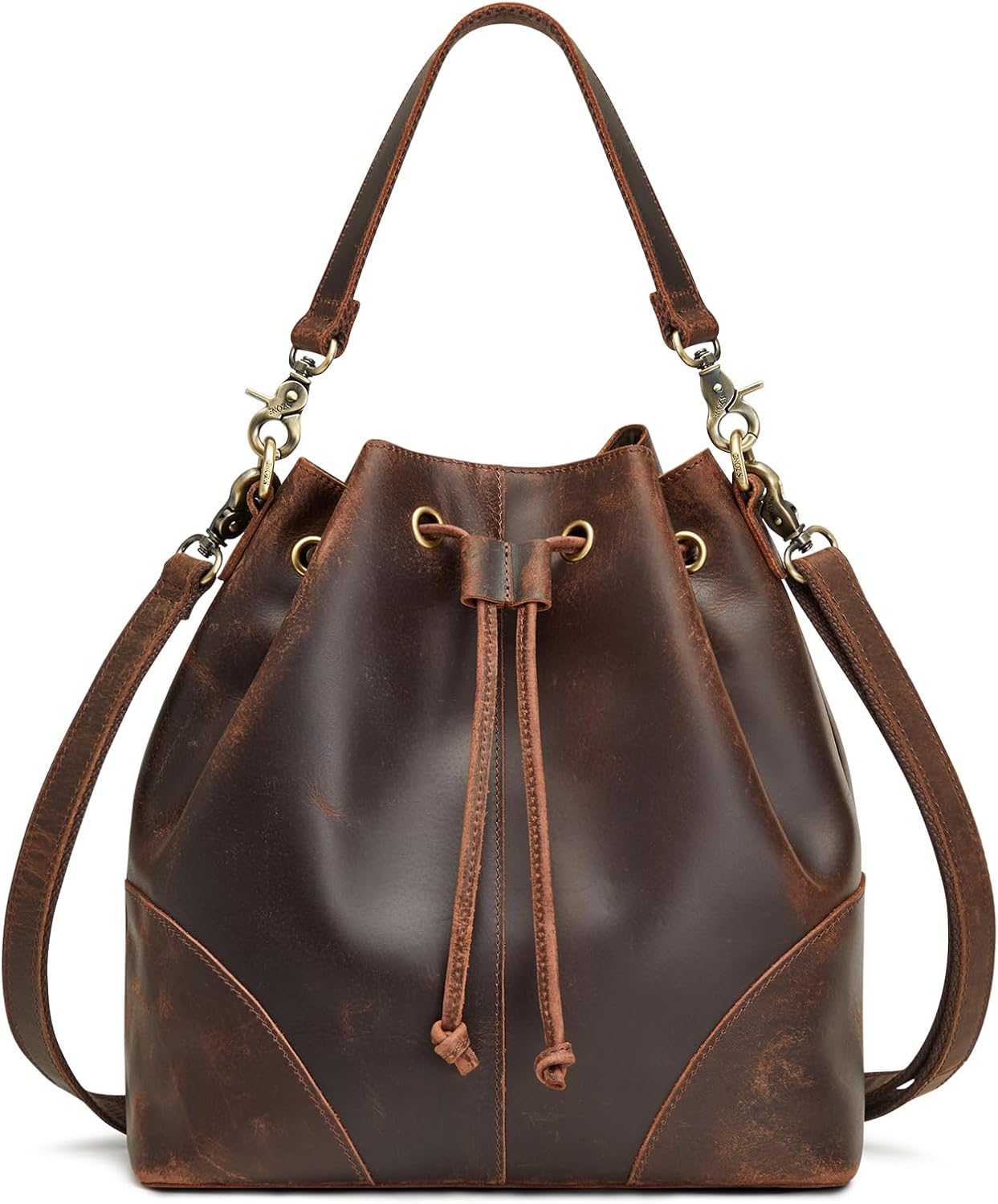 Genuine Leather Bucket Bag for Women Drawstring Crossbody Shoulder Handbag with Top Handle and Dual Straps