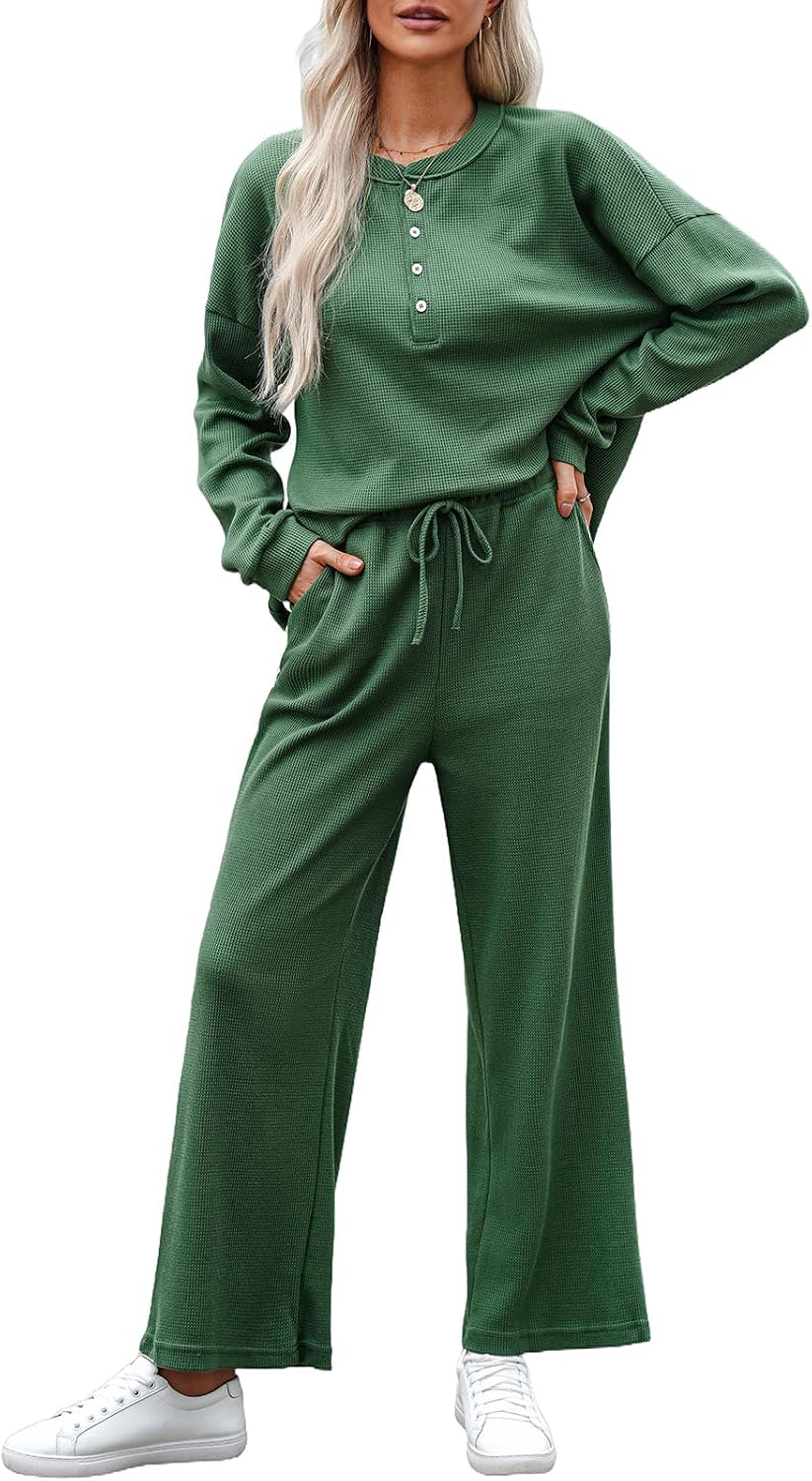 Women 2-piece outfit knit long sleeve button top and wide leg lounge pants set