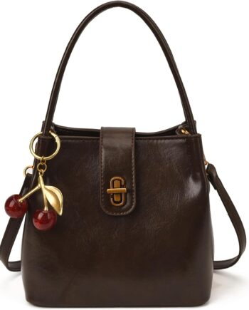 Small Satchel Bucket Purse for Women Vegan Leather Tote Shoulder Bag Retro Top Handle Crossbody Handbag