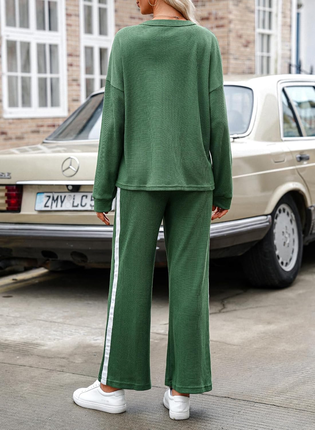 Women 2-piece outfit knit long sleeve button top and wide leg lounge pants set