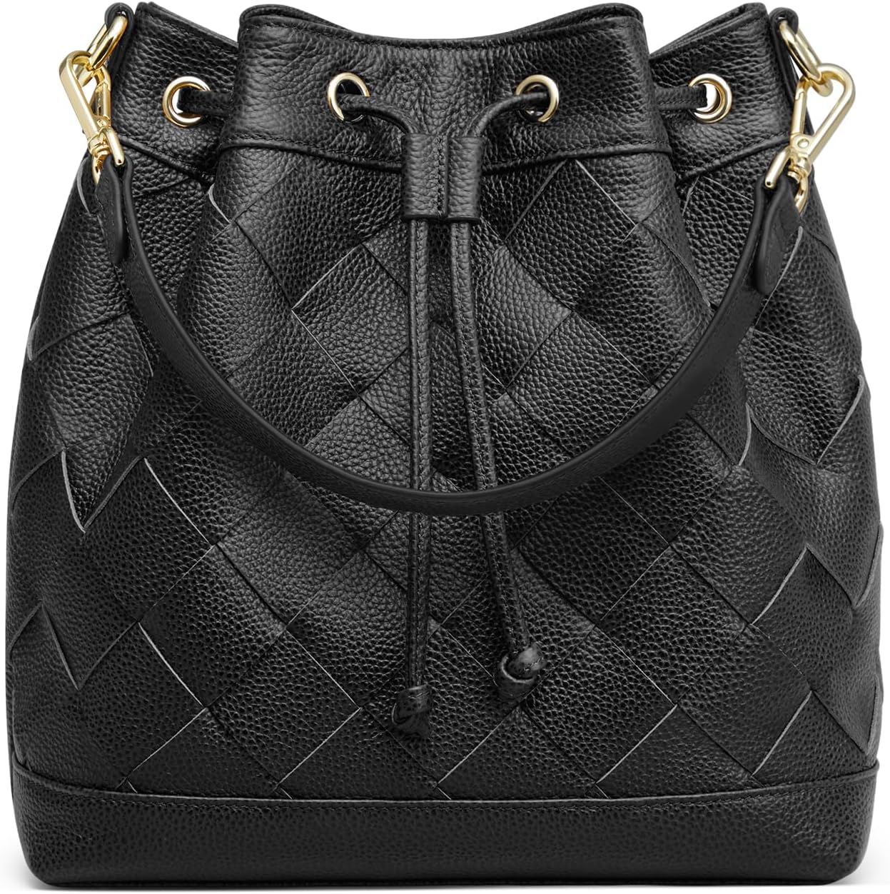 Woven Leather Bucket Bag for Women Drawstring Crossbody Shoulder Purse with Dual Straps