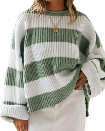 Women’s Oversized Striped Color Block Knit Crew Neck Sweater