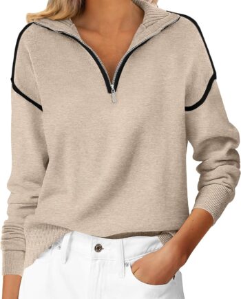 Women’s Quarter Zip Knit Sweater Long Sleeve Collared Casual Pullover
